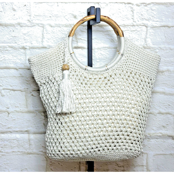 Unbranded Handbags - Crocheted Ivory Handbag Bamboo Round Style Handles Hobo Bohemian Handbag
